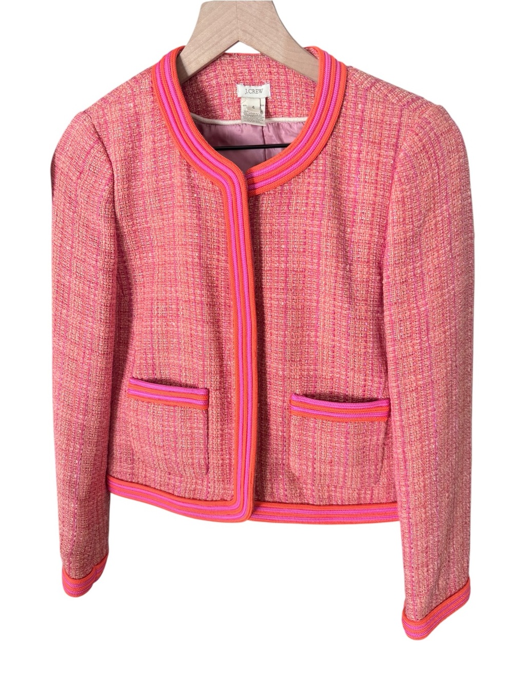 J.Crew Pink Coral Orange Tweed Trim Jacket Blazer Size 4 Dopamine Dressing